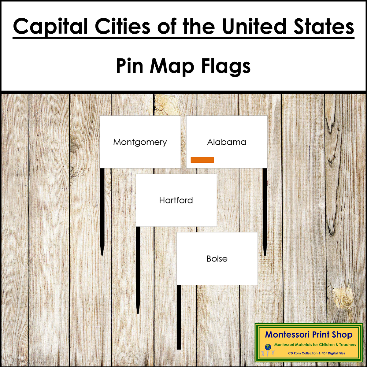 Capital Cities of the United States Map Labels - Pin Map Flags (color-coded)