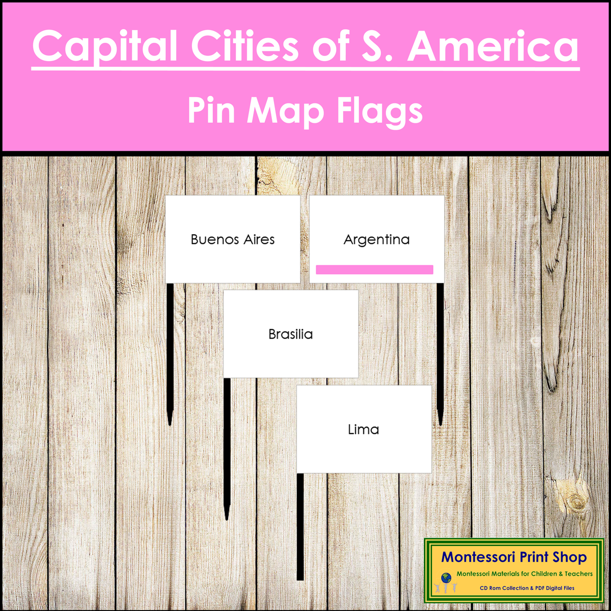 Capital Cities of South America Map Labels - Pin Map Flags (color-coded)