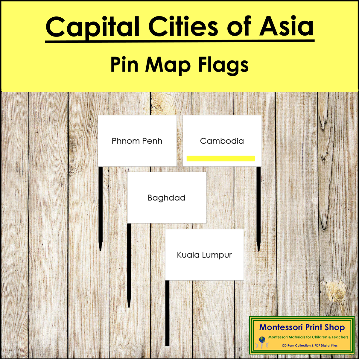 Capital Cities of Asia Map Labels - Pin Map Flags (color-coded)