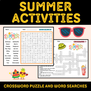 Summer Activities Crossword Puzzle and Word Searches Grade 4th 5th 6th 7th 8th