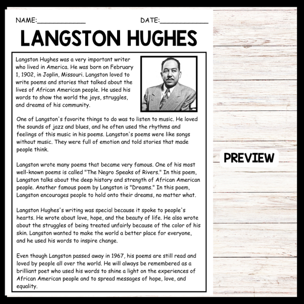 National Poetry Month Langston Hughes BIOGRAPHY Reading Comprehension ...