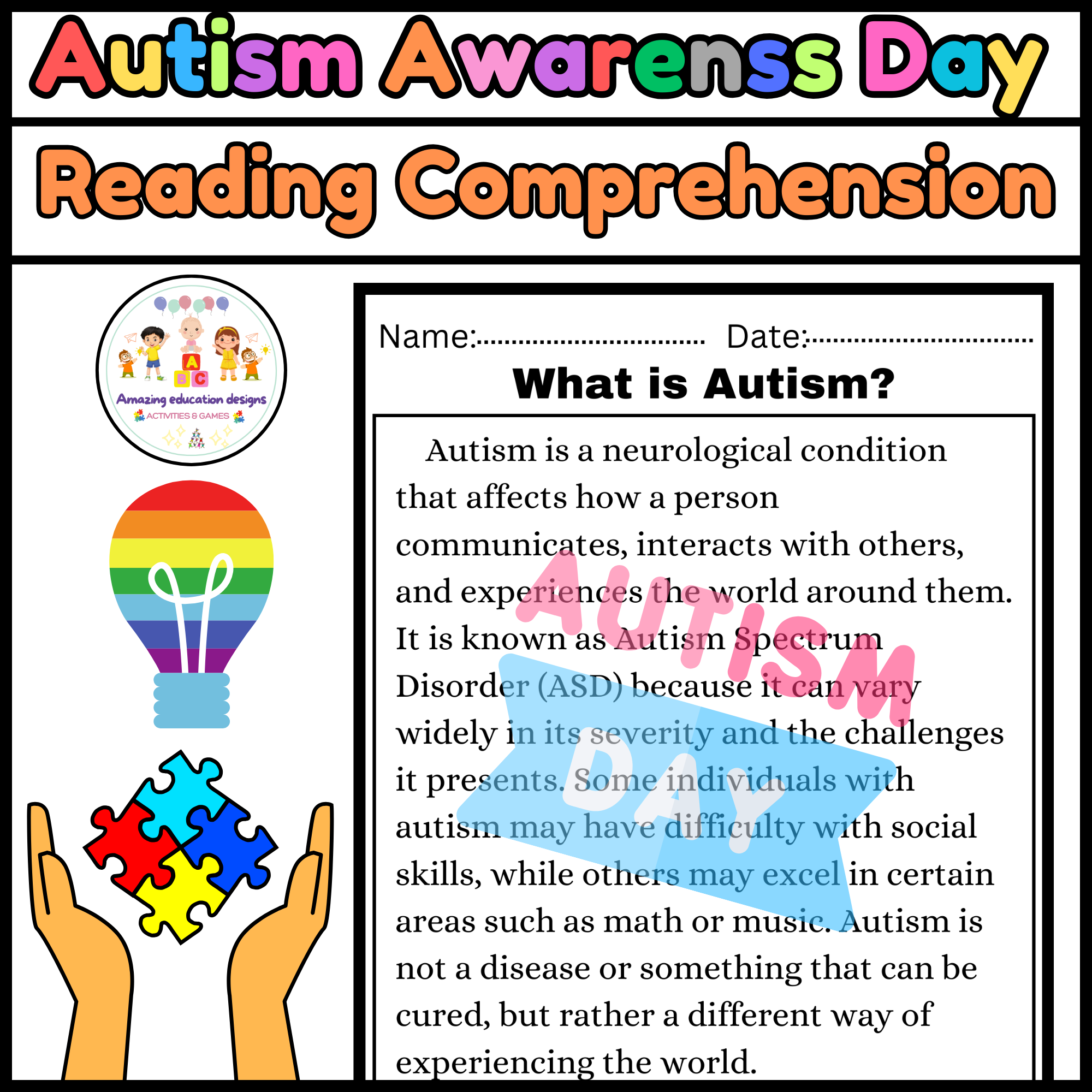 Activities Reading Comprehension Worksheets Autism Awarenss Day