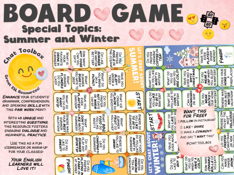 English Chat- Topics: Summer and Winter! 2 Great ESL Board Games for your class!