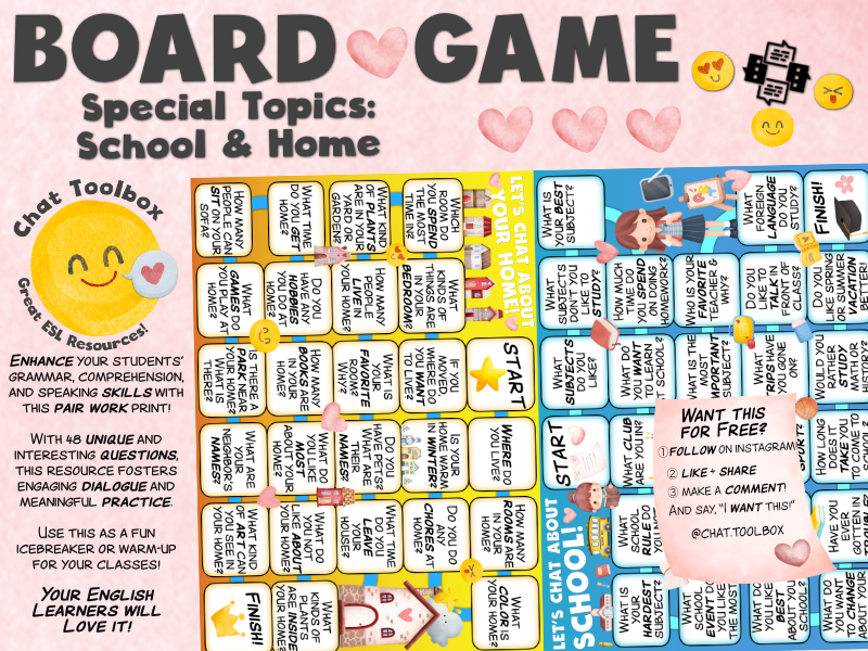 English Chat- Topics: School & Home! 2 Great ESL Conversation Board Games!
