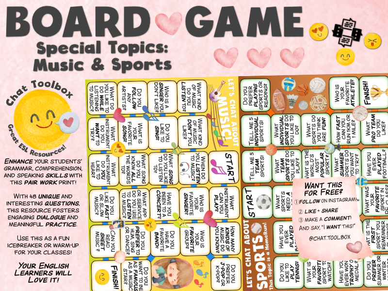 English Chat- Topics: Music & Sports! 2 Great ESL Conversation Board Games!