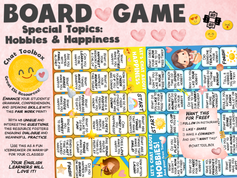 English Chat- Topics: Hobbies & Happiness! 2 great prints for ESL Conversation!