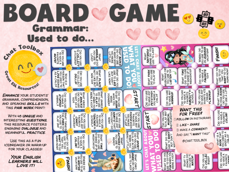 English Chat using Used to do: Board Game! Your students will love this!