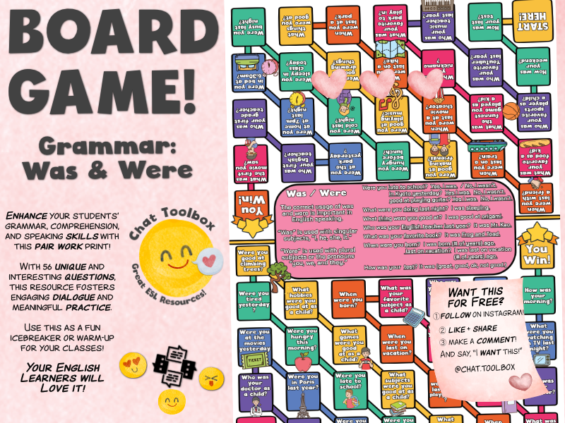 English Chat using Past Tense of To Be: Board Game! Your class will love this!
