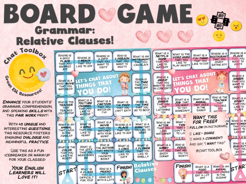 English Chat using Relative Clauses- Board Game! Your students will love this!