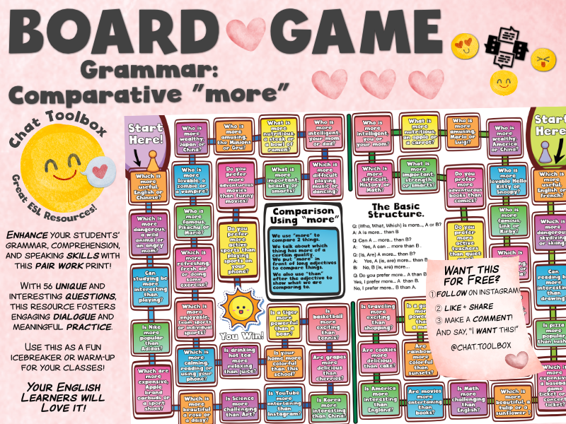 English Chat using Comparatives "more" Board Game! Your students will love it!