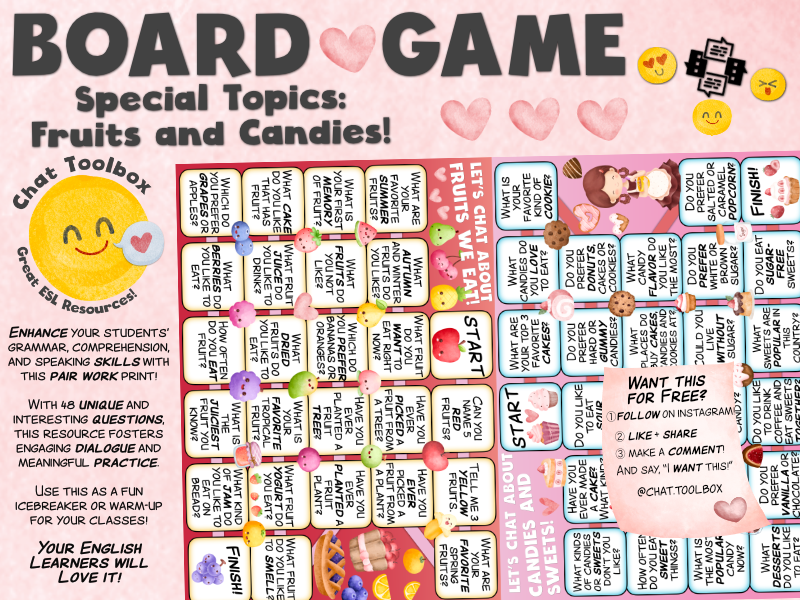 English Chat- Topics: Fruits and Candies! 2 Prints for ESL Conversation :)
