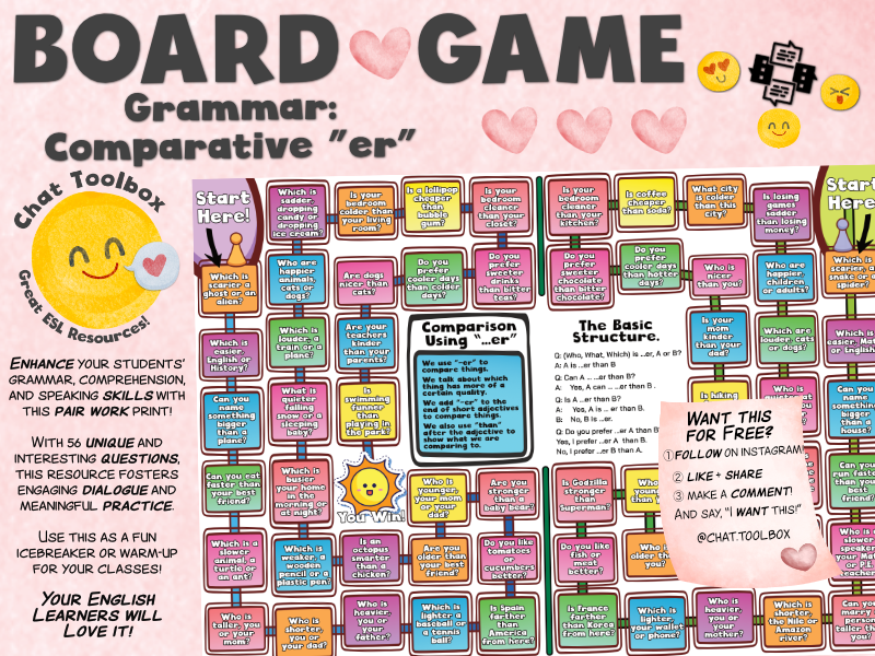 English Chat using Comparative "er" Board Game! Your students will love this!
