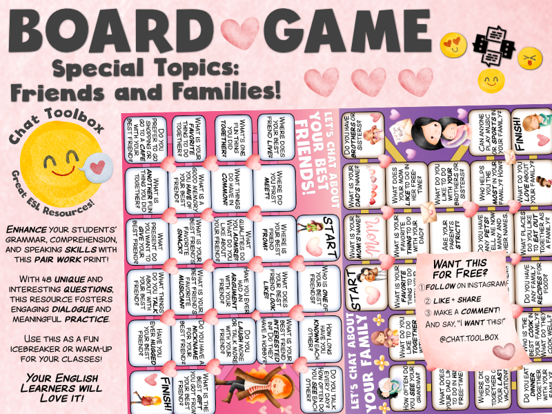 English Chat- Topics: Friends and Family! 2 Prints for ESL Conversation :)