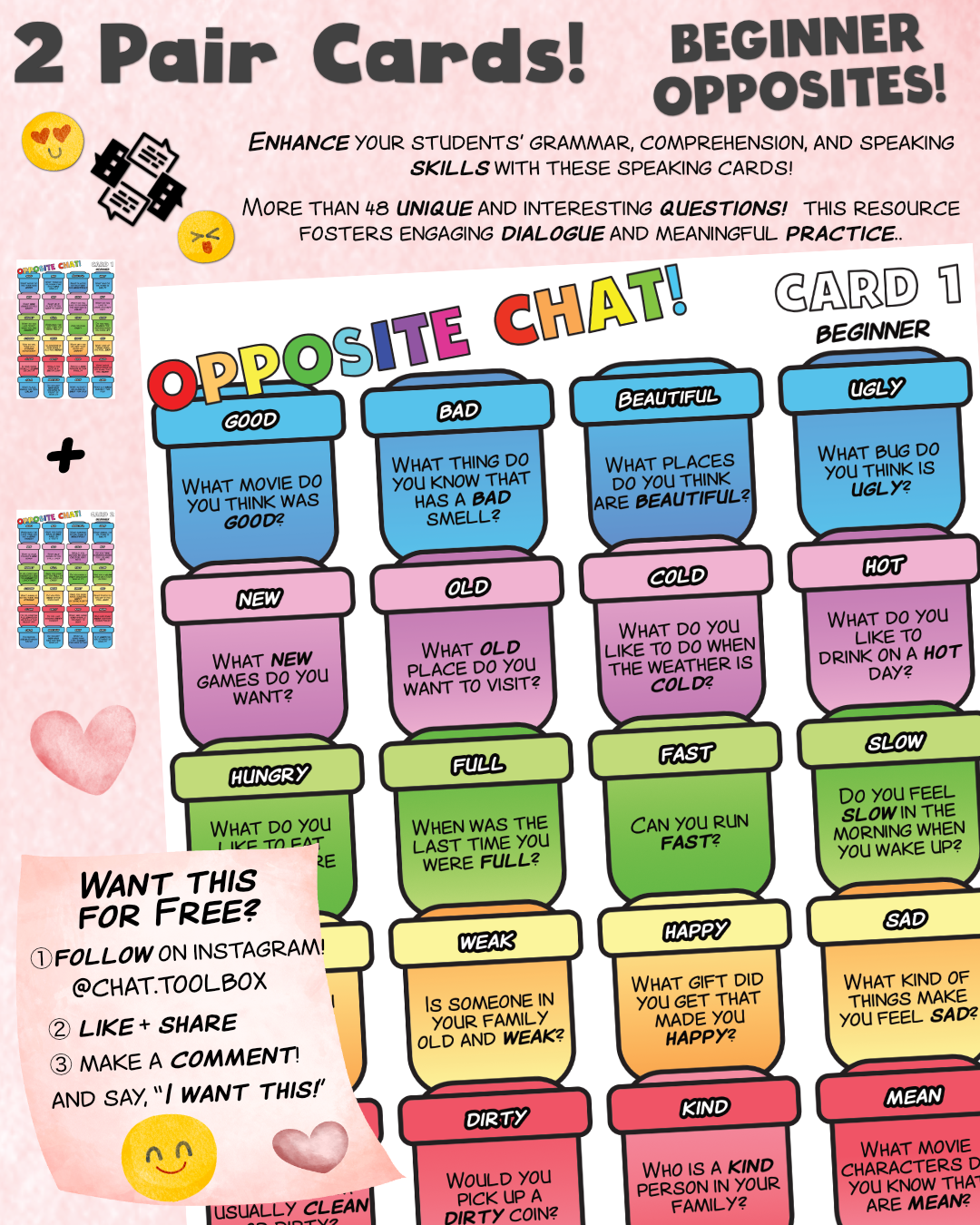 English Chat using Beginner Opposites: Cards 1-2