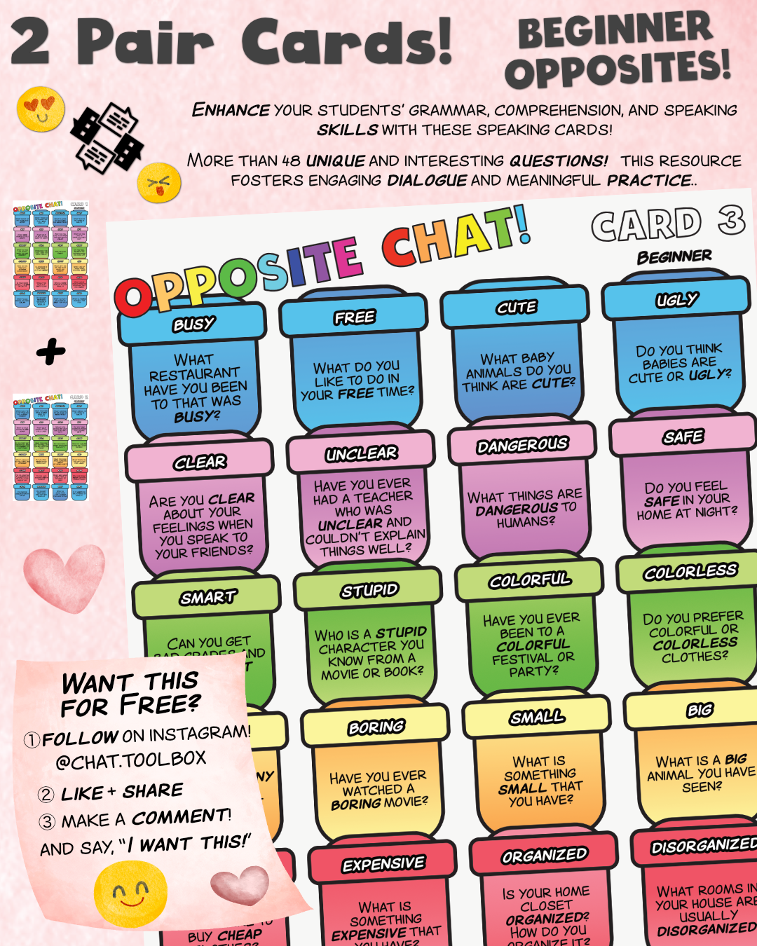 English Chat using Beginner Opposites: Cards 3 & 4