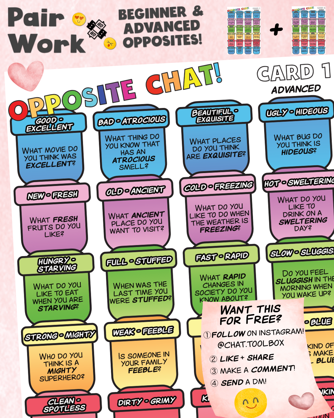 English Chat using Basic & Advanced Opposites: Cards 1 & 2