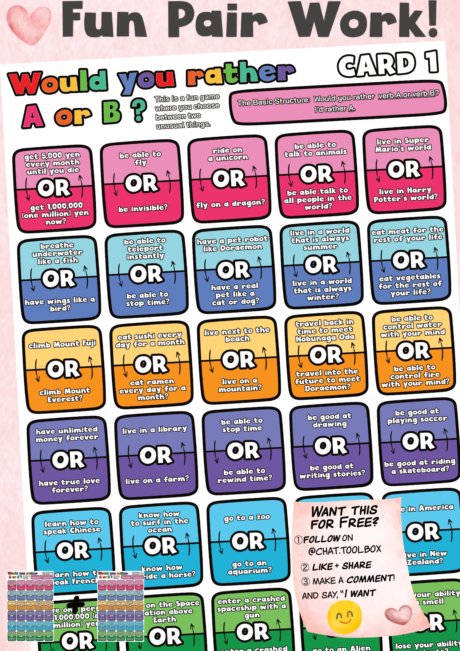 English Chat about Preferences using, "Would you rather A or B?" Pair Cards