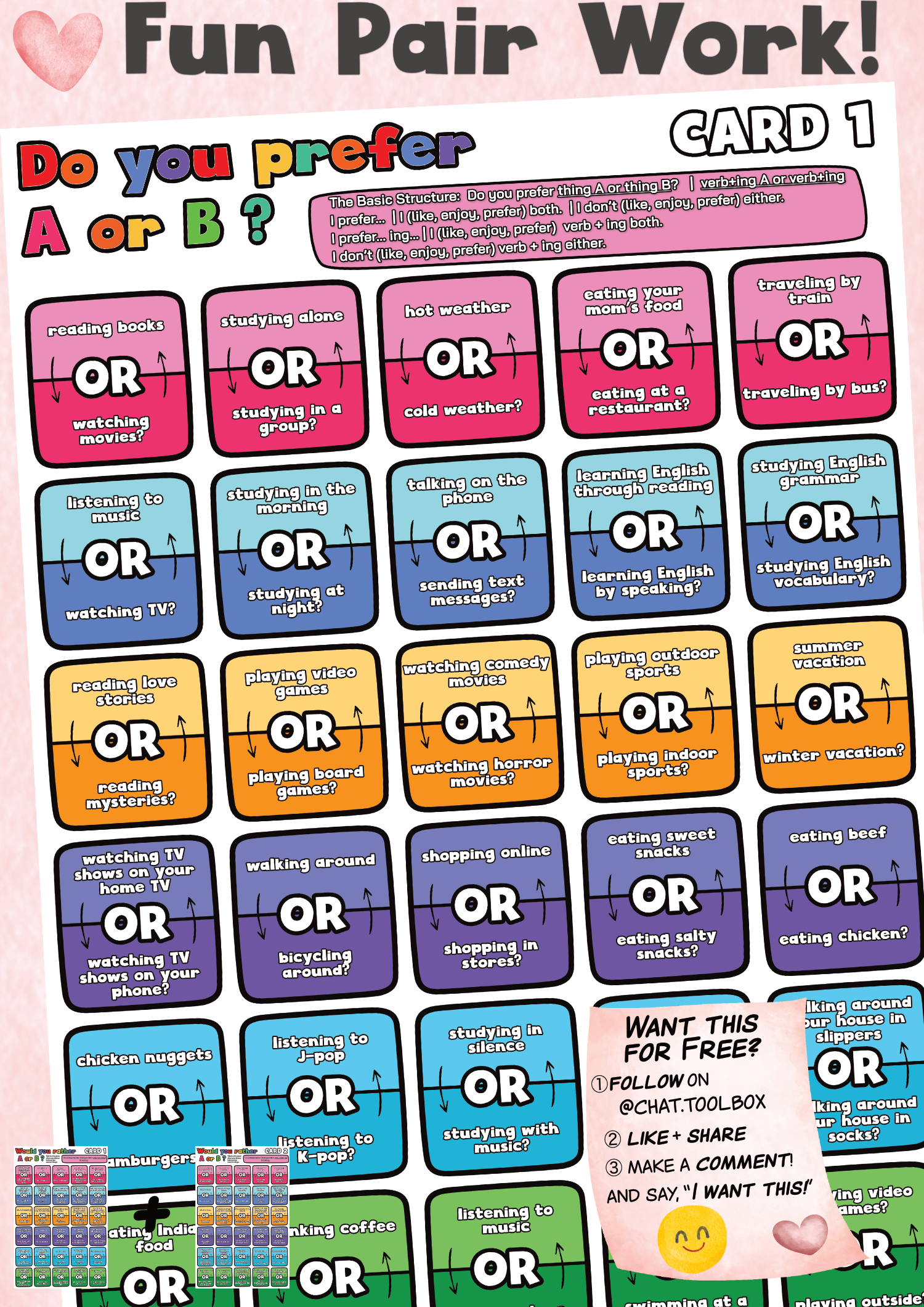 English Chat about Preferences using "Do you prefer A or B?" Pair Cards