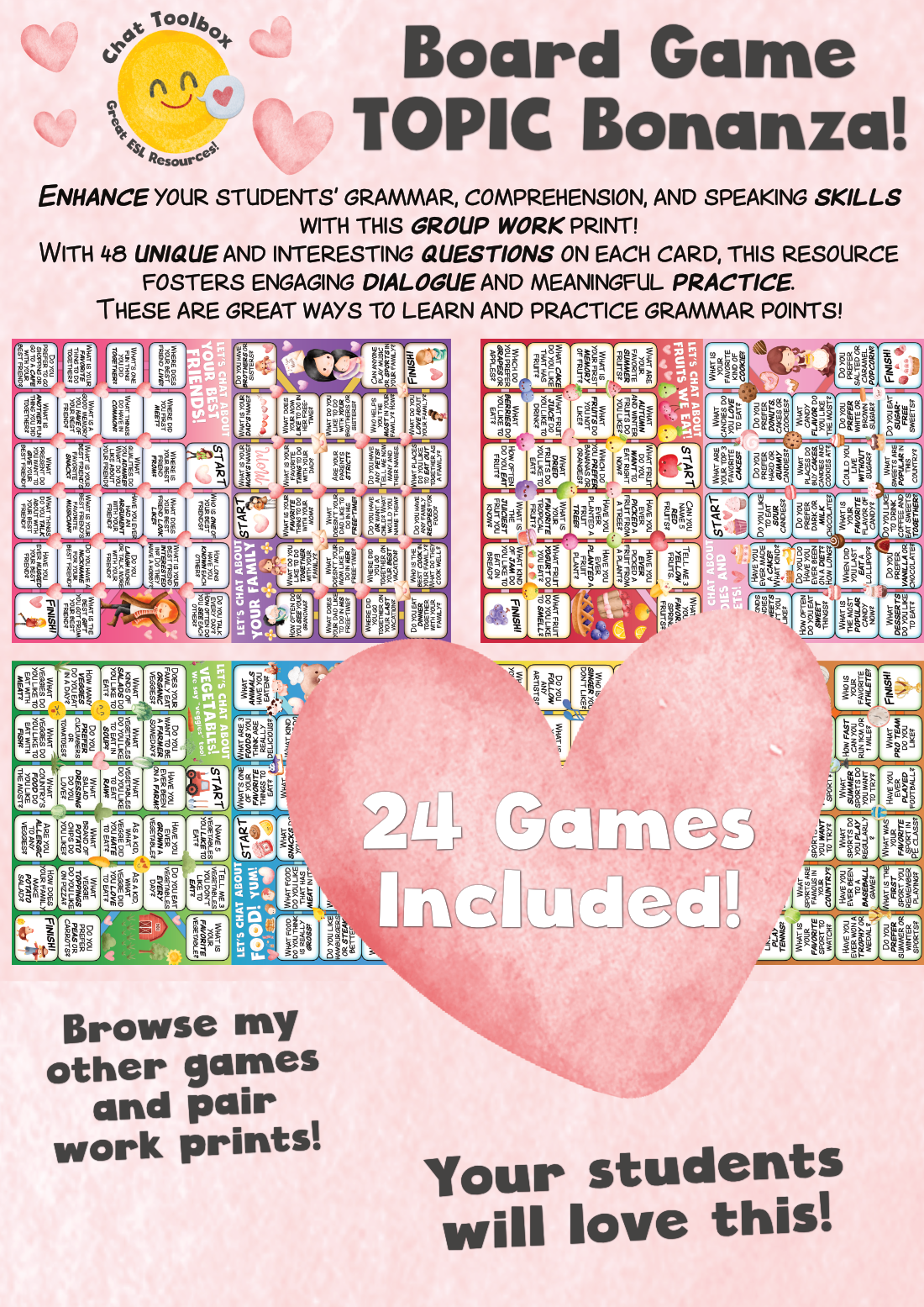 ESL Board Game Bonanza! *TOPIC PRACTICE* Great for Beginners, Intermediates and fun for Advanced lea