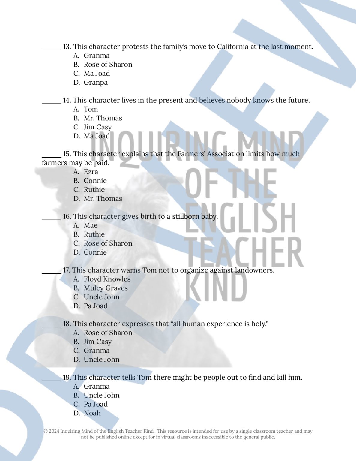 The Grapes of Wrath Test and Answer Key - Made By Teachers