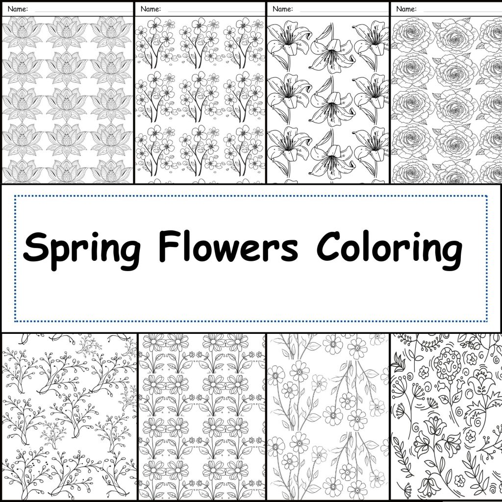 Spring Flowers Coloring Pages For Kids And Adults Floral Digital Papers ...