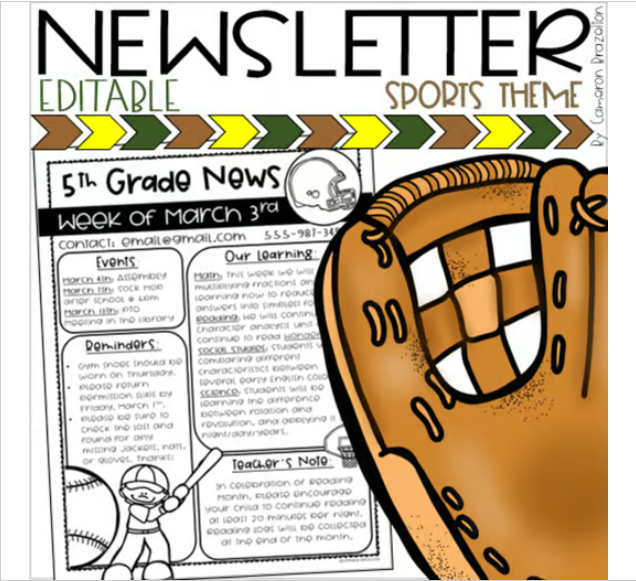 Weekly Classroom Newsletter Template Sports Teamwork Theme EDITABLE