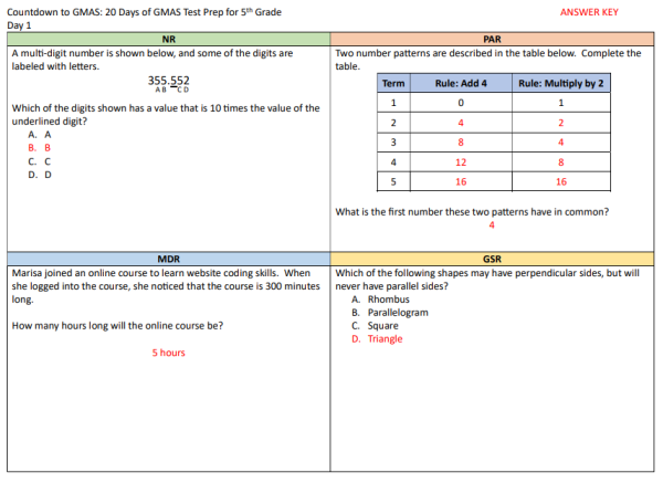 5th Grade Math Georgia GMAS Test Prep...20 days prep for the Milestones ...