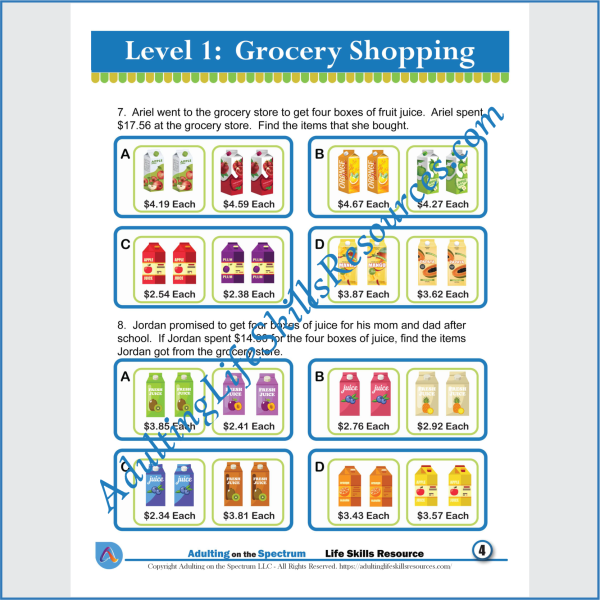 Money Math Life Skills Worksheet - Level 1 Grocery Shopping - Made By ...