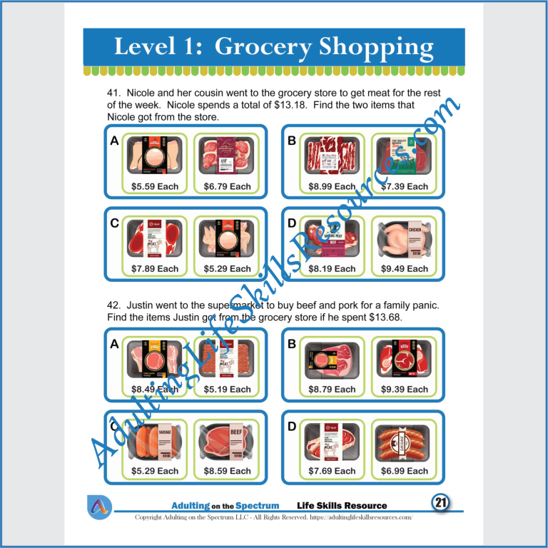 Money Math Life Skills Worksheet - Level 1 Grocery Shopping - Made By ...