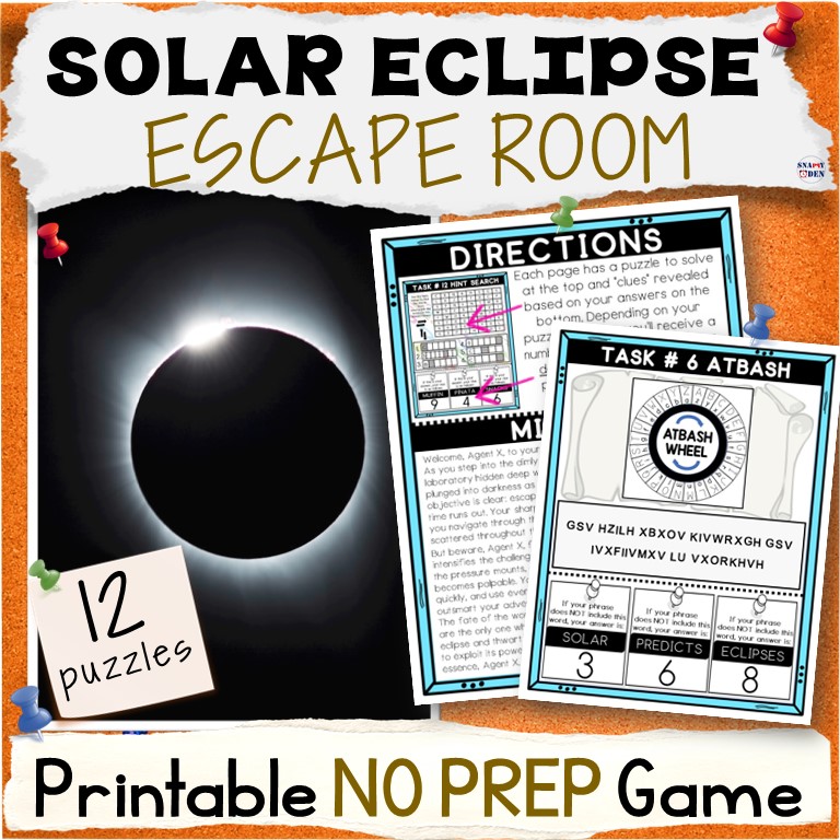 Solar Eclipse 2024 Escape Room Printable Activity - 12 Puzzles Breakout Game Kit