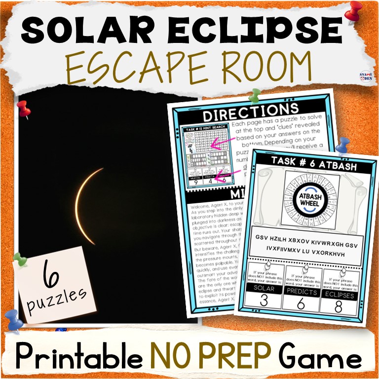 Solar Eclipse 2024 Escape Room Printable Activity - 6 Puzzles Breakout Game Kit