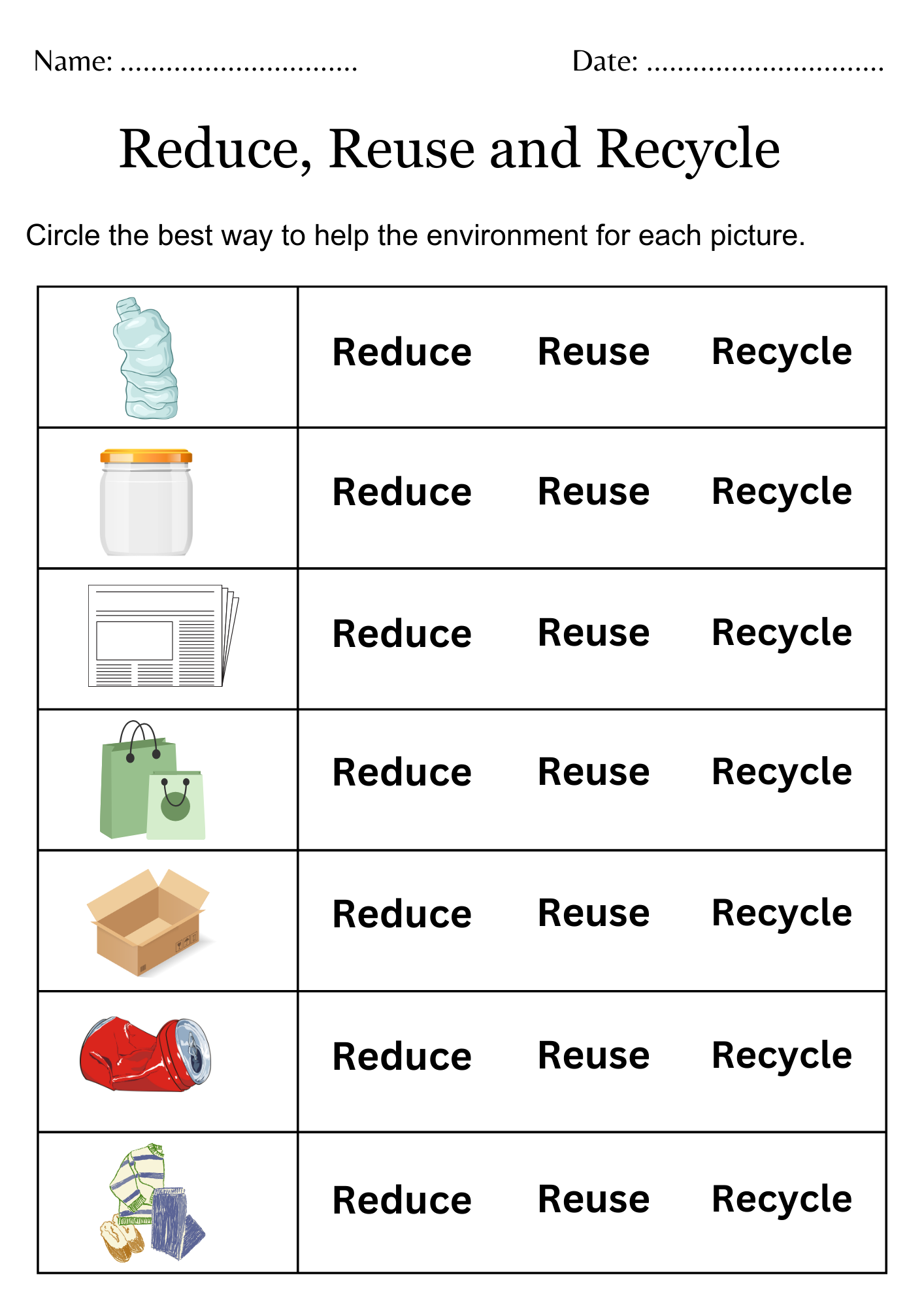 Printable reduce reuse recycle worksheets for kindergarten