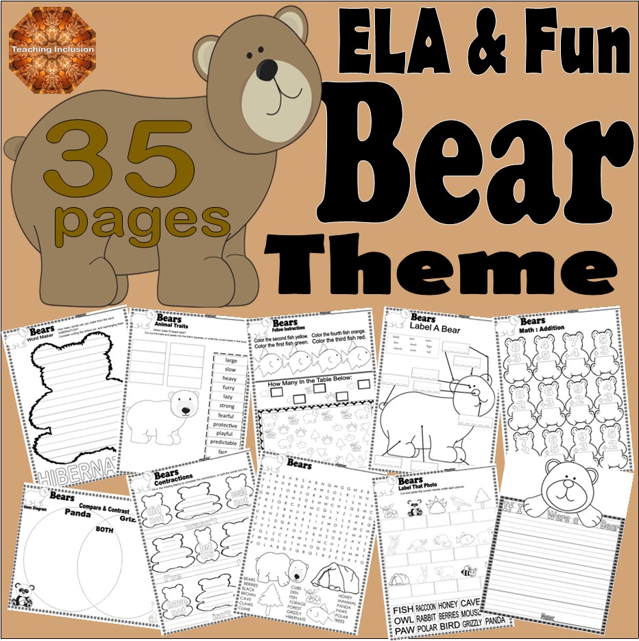 Bears Theme NO PREP Worksheets Writing Craft Activities Math ELA Going Bear Hunt