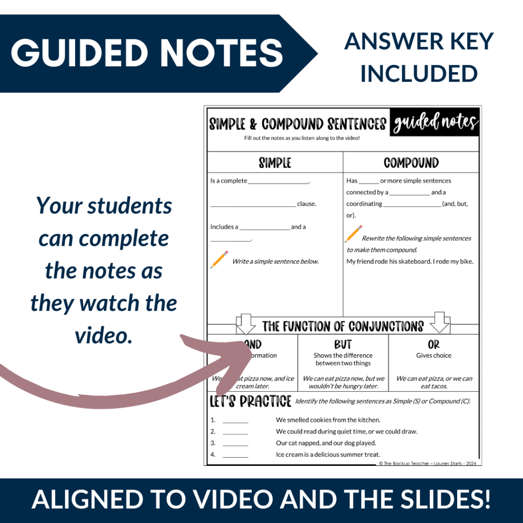 Simple and Compound Sentences Grammar Video Lesson, Guided Notes, and ...