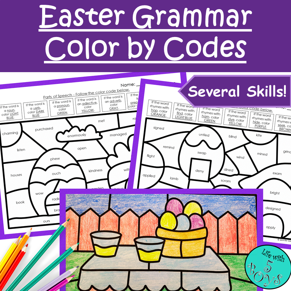 3rd Grade Easter Grammar & Parts of Speech Color by Code Activities