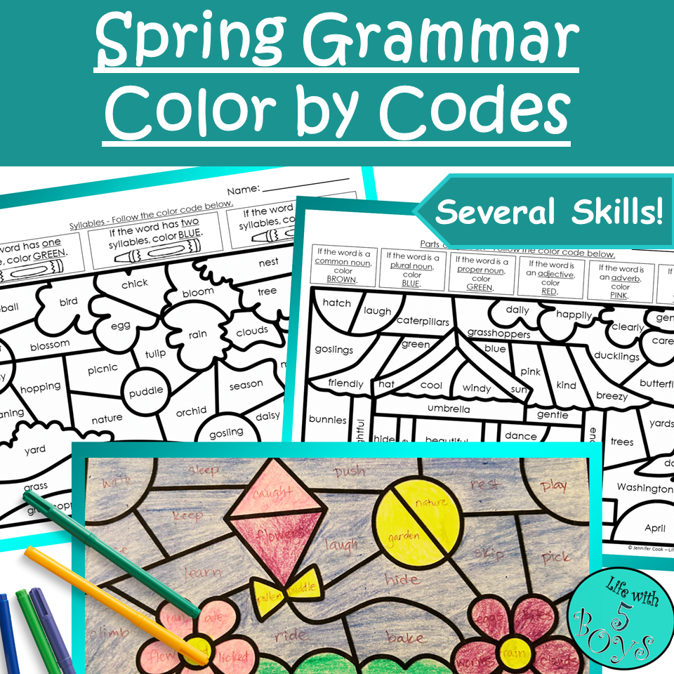 3rd Grade Spring Grammar & Parts of Speech Color by Code Activities