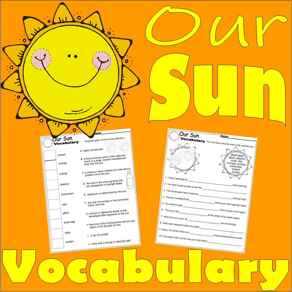 SUN Theme Vocabulary Words Worksheets Definitions & FIB Solar Eclipse NO PREP