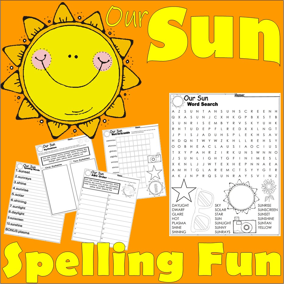 SUN Theme Spelling Word Search Literacy Worksheets Solar Eclipse NO PREP