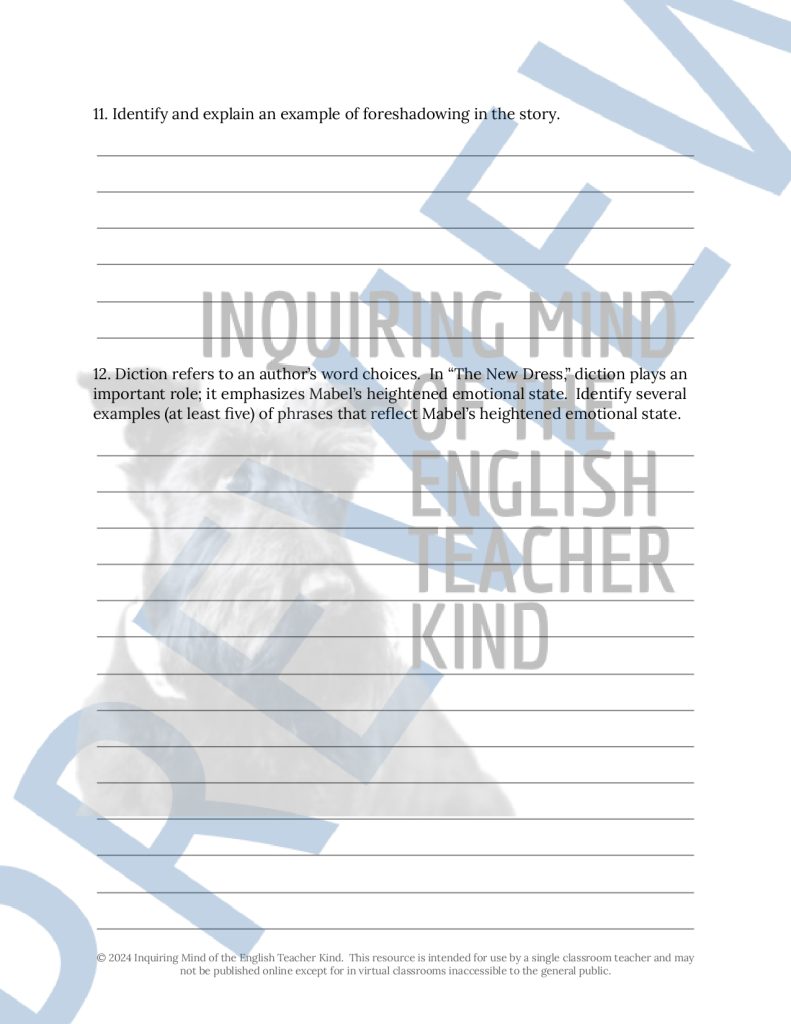 "The New Dress" by Virginia Woolf Close Reading Analysis Worksheet with ...