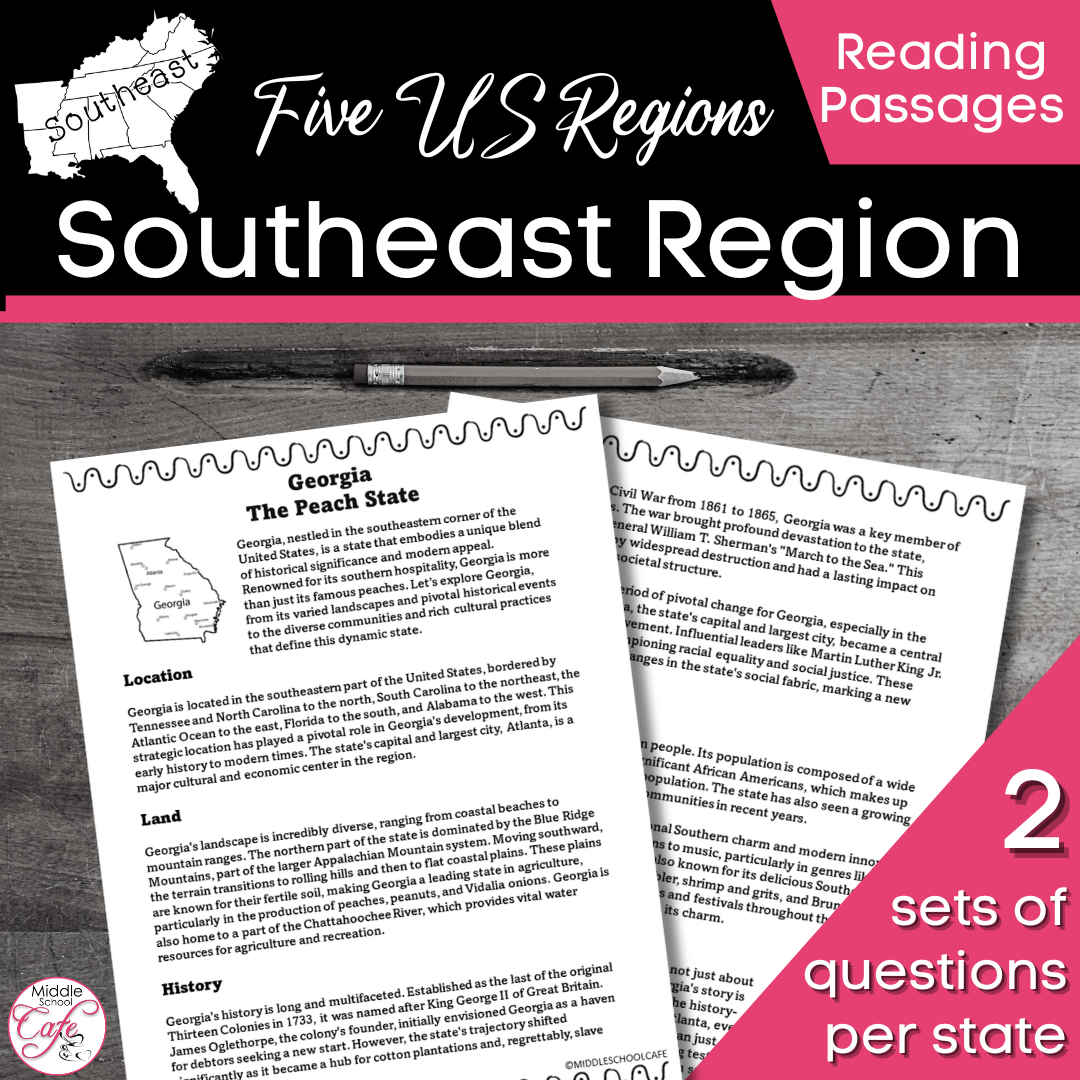 5 Regions of the US | Southeast Region Reading Passages | US Region Activity