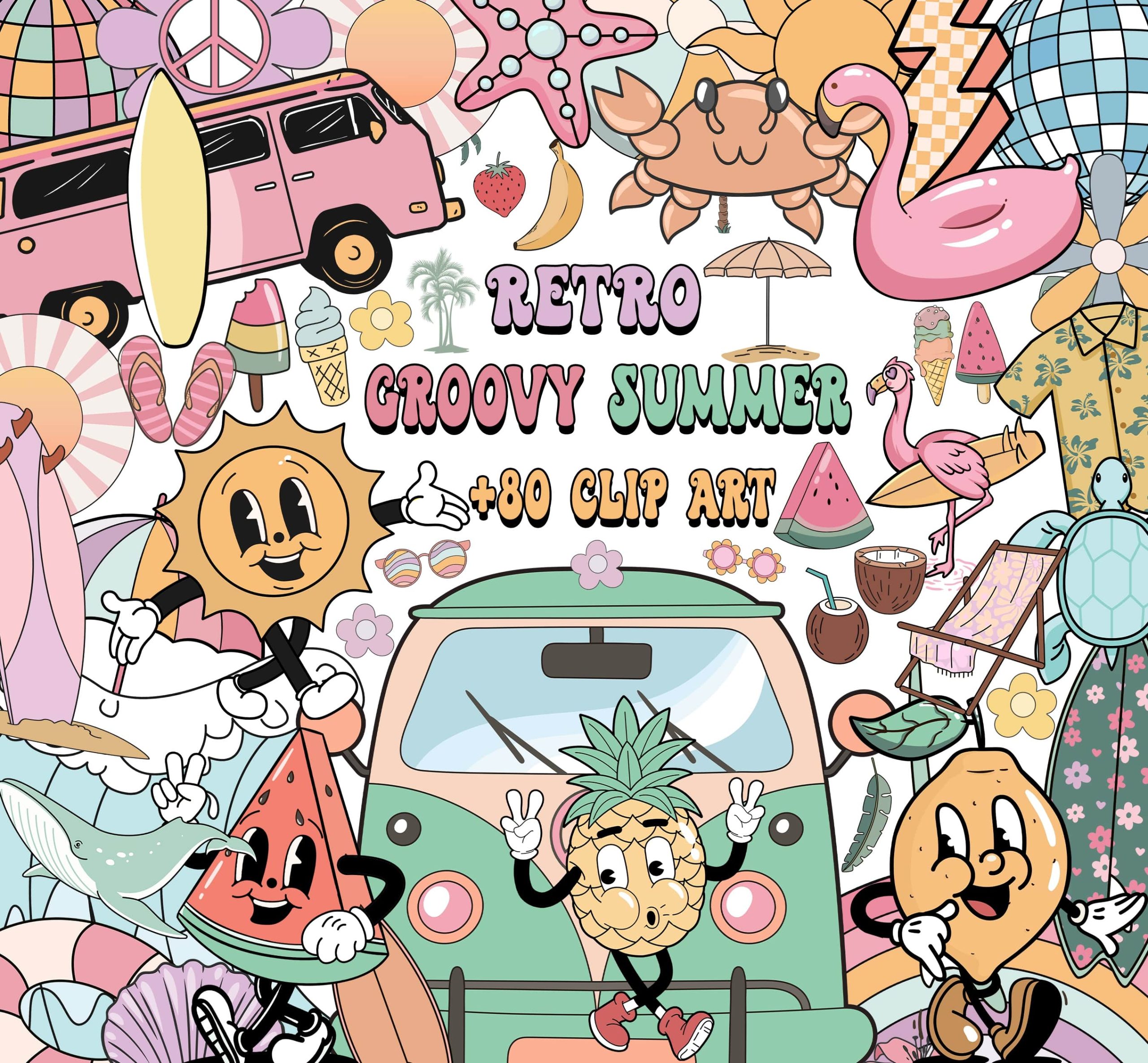 Retro Groovy Summer Clipart PNG Bundle