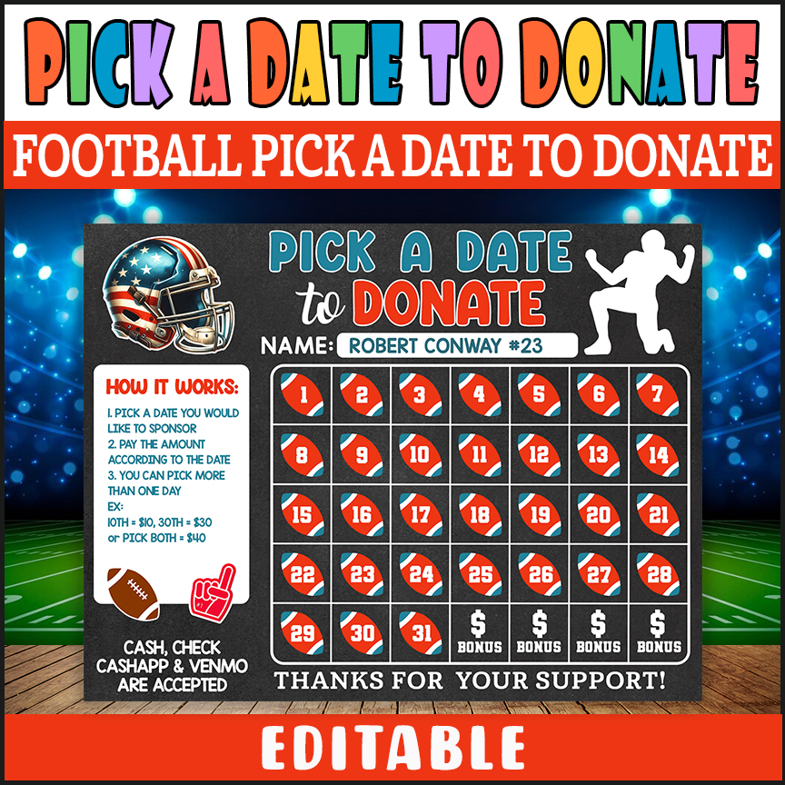 Football Pick a Date to Donate Fundraising Calendar Template, Rugby Fundraiser Donation Template