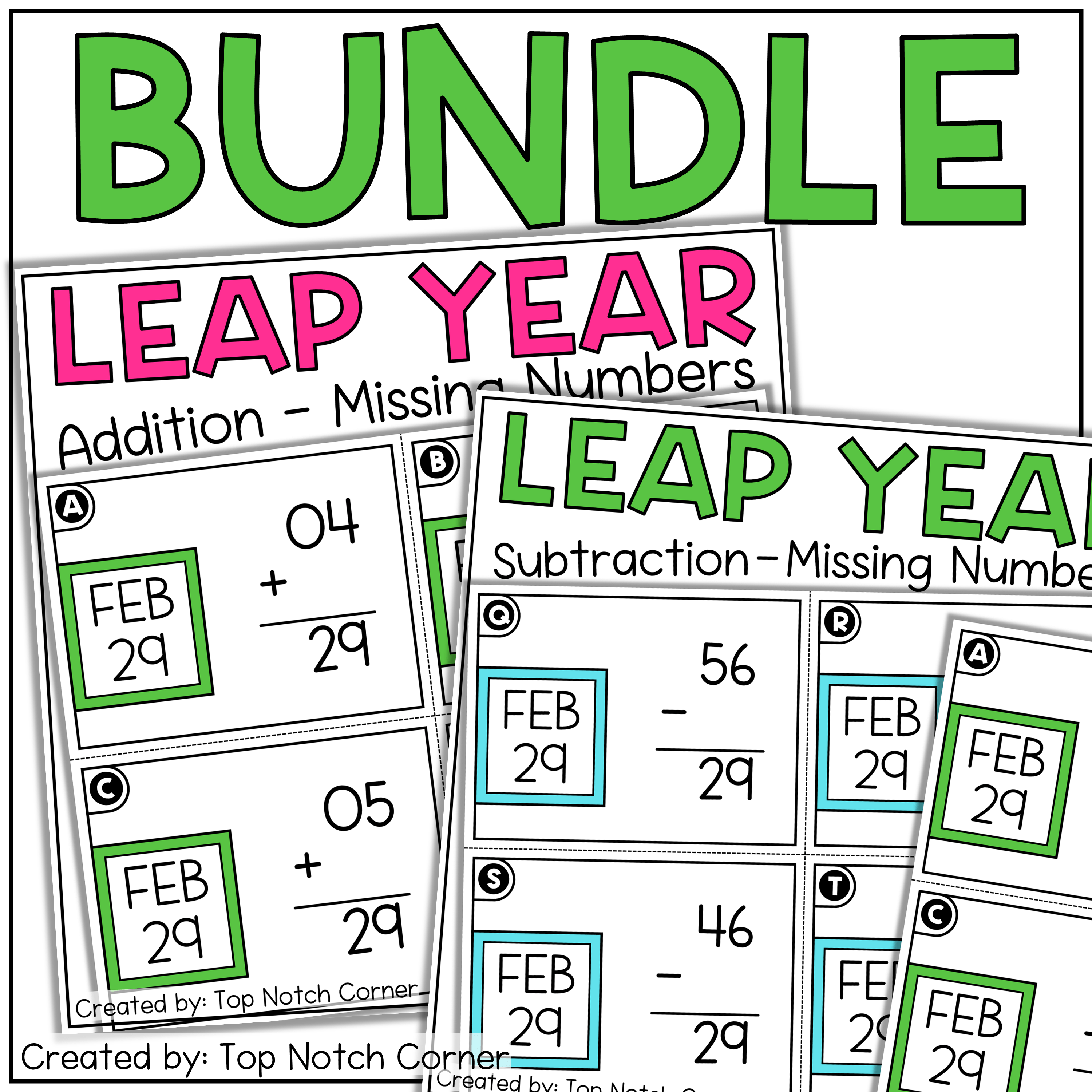 Leap Year Day 2024 Math Activities Addition and Subtraction Missing Numbers Task Card Bundle
