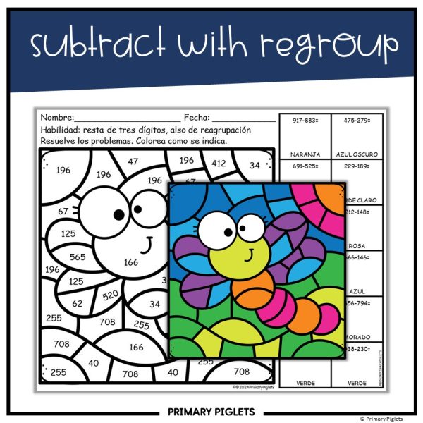 Spanish Spring 3 Digit Addition Subtraction Regrouping Color by Number ...