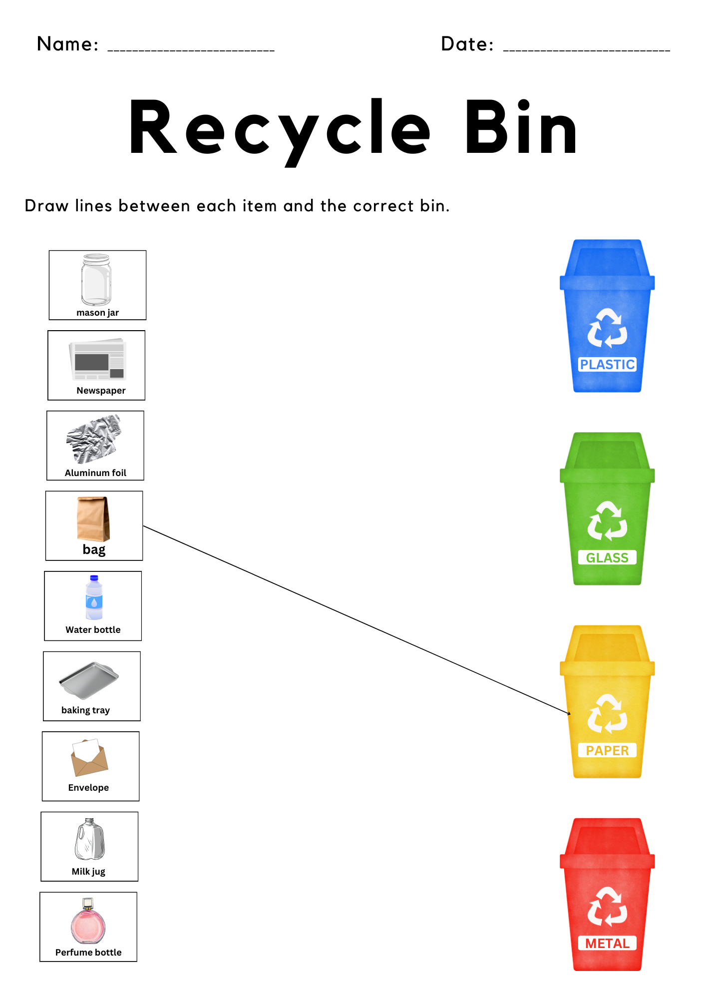 Recycle bin sort activity worksheet for kindergarten