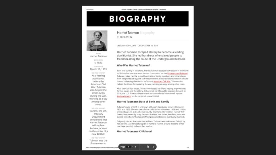 Harriet Tubman Lesson - Short Bio - Handout
