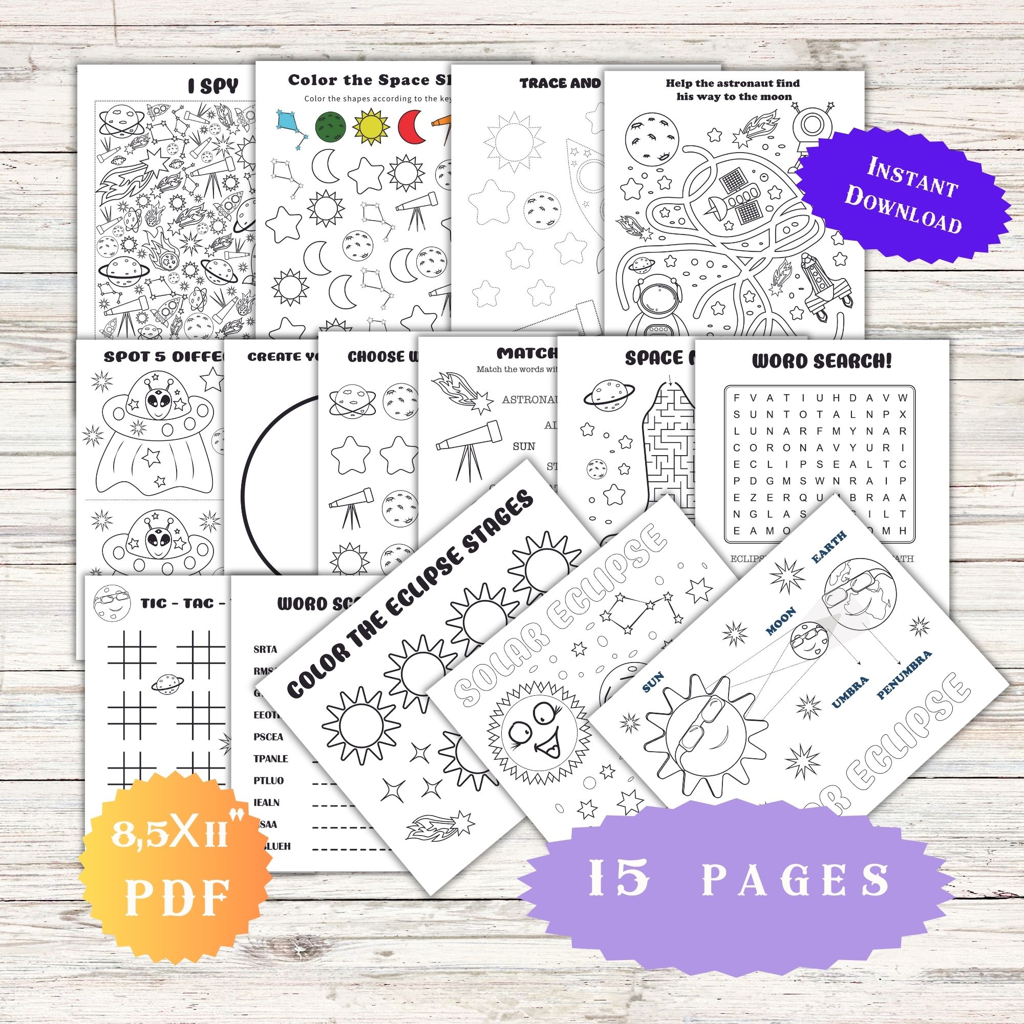 Space Activity Coloring Pages for Kids Solar Eclipse 2024 Preschoolers Learning Activities Instant