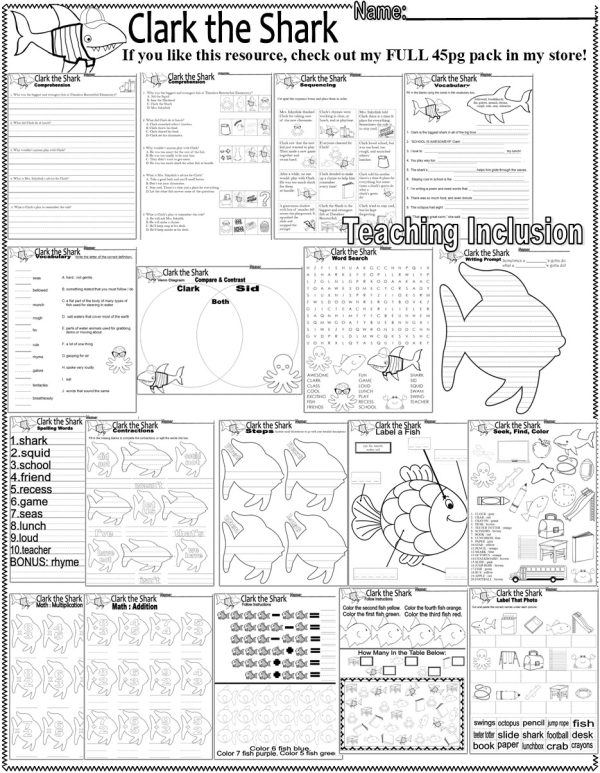 Clark The Shark Reading Quiz Test & Story Scene Sequencing Worksheets ...