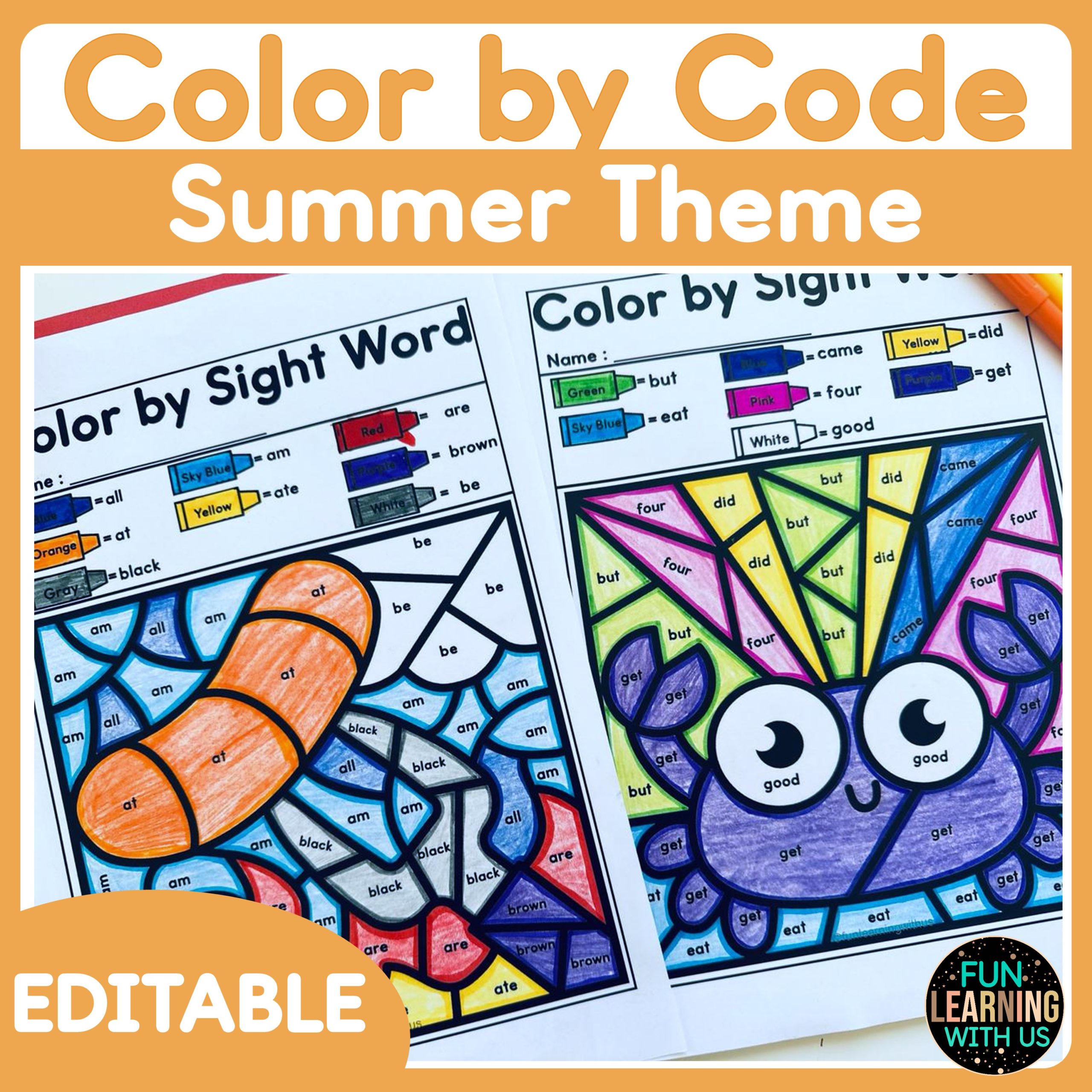 Summer Editable Color by Sight Word Worksheets | Summer Kindergarten Activity