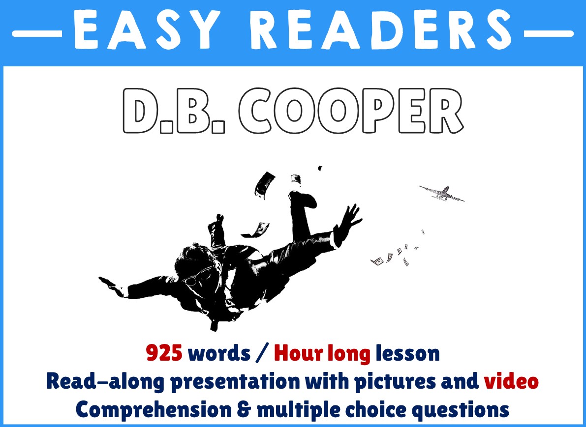 Reading comprehension - D.B. Cooper - PowerPoint & Worksheet (925 words)